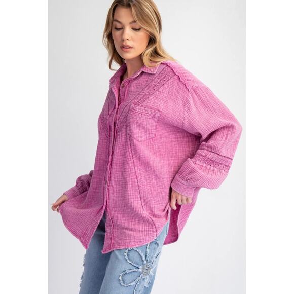 Easel Mineral Wash Gauze Button Up with Lace Detail - Picture 1 of 2